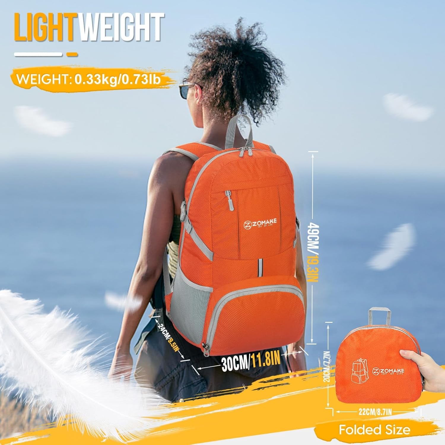  Lightweight Packable Backpack, Water-Resistant Foldable Hiking Daypack, Compact for Travel & Camping, Orange 35L