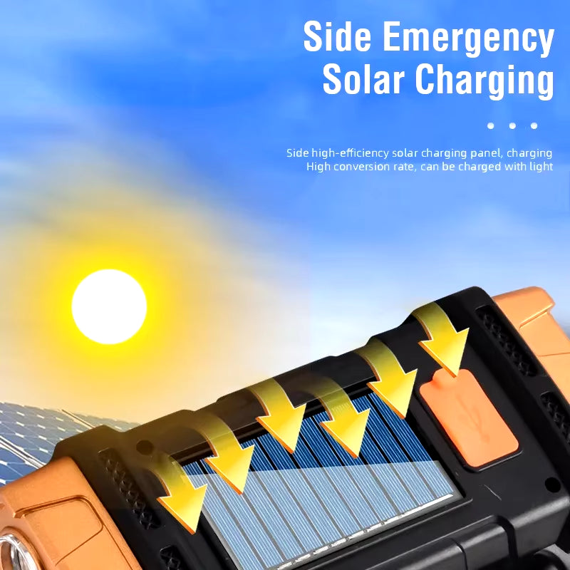 SolarWinds USB Rechargeable Portable Flashlight with Solar LED & COB Work Light, 4 Modes, Mobile Phone Charging, IP65 Waterproof, for Camping, Hiking, Emergency