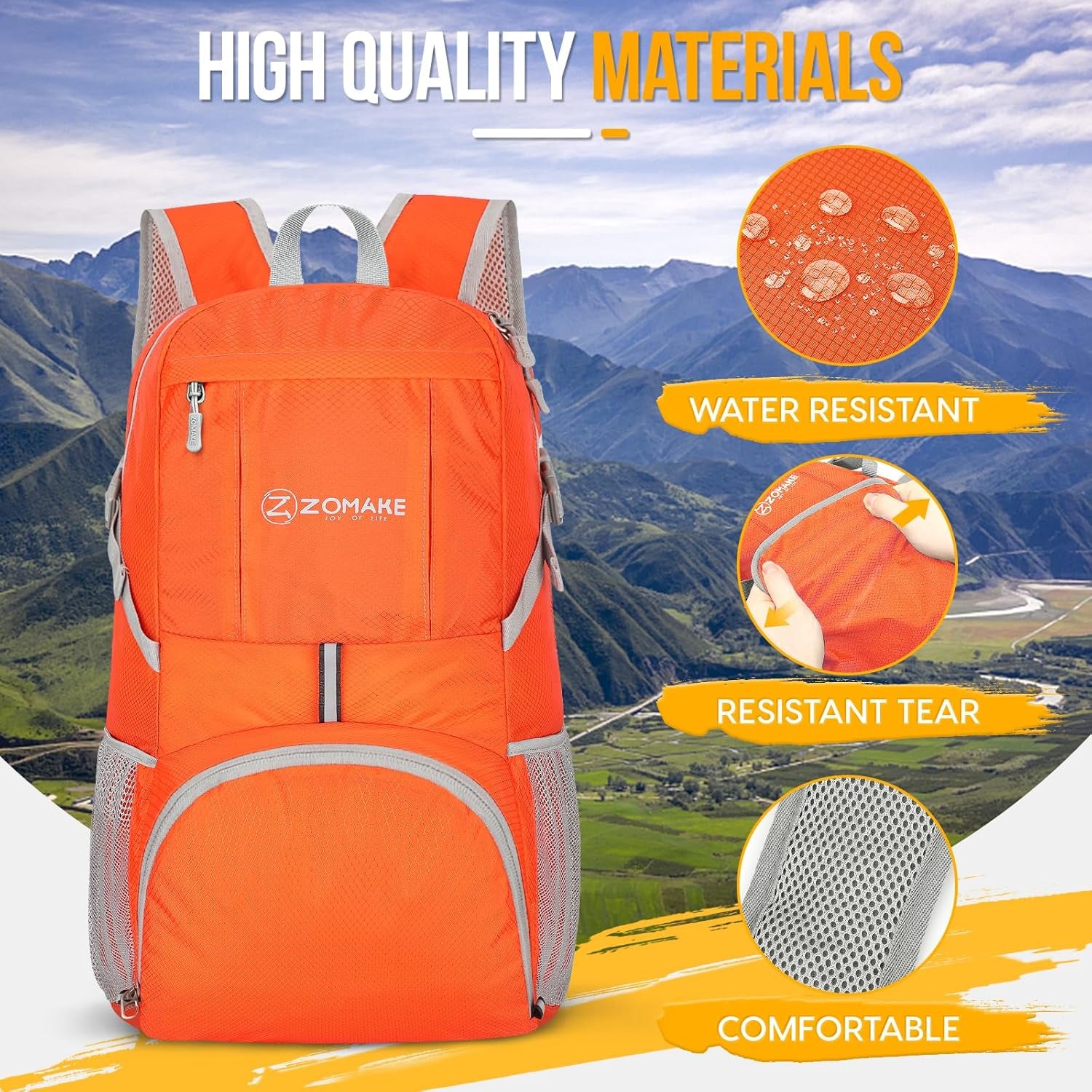  Lightweight Packable Backpack, Water-Resistant Foldable Hiking Daypack, Compact for Travel & Camping, Orange 35L