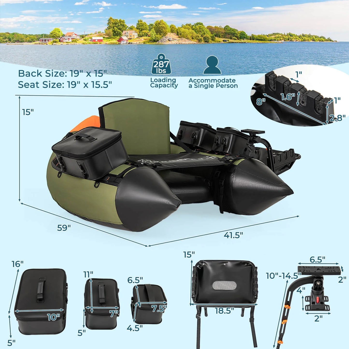 Inflatable Fishing Float Tube Portable Fishing Boat with 3 Detachable Storage Boxes Green