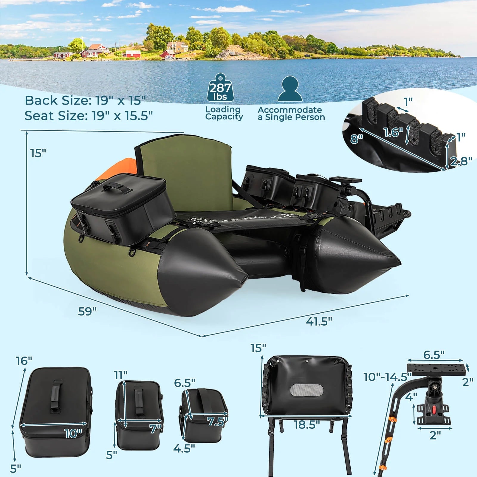 Inflatable Fishing Float Tube Portable Fishing Boat with 3 Detachable Storage Boxes Green