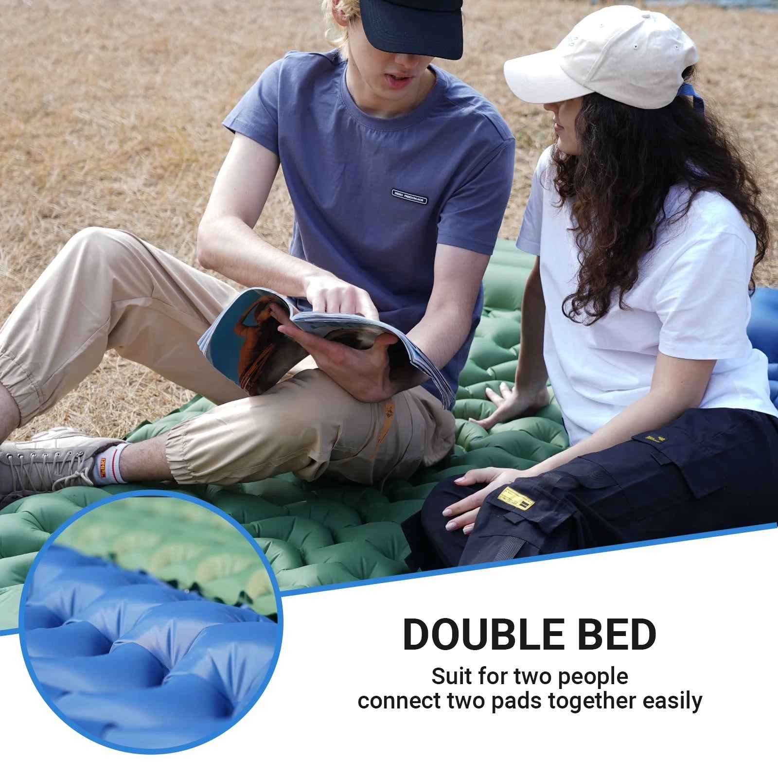 KingCamp Sleeping Pad for Camping, 40"x76" Self-Inflating Mattress with Built-In Foot Pump, Connectable, Durable with Pillow, Olive – Fits Tents & Hiking
