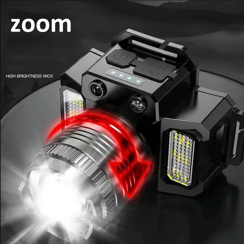 Rechargeable LED Sensor Headlamp - Versatile Camping and Search Light with 5 Adjustable Styles