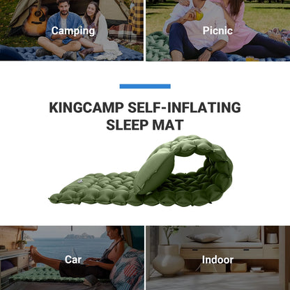 KingCamp Sleeping Pad for Camping, 40"x76" Self-Inflating Mattress with Built-In Foot Pump, Connectable, Durable with Pillow, Olive – Fits Tents & Hiking