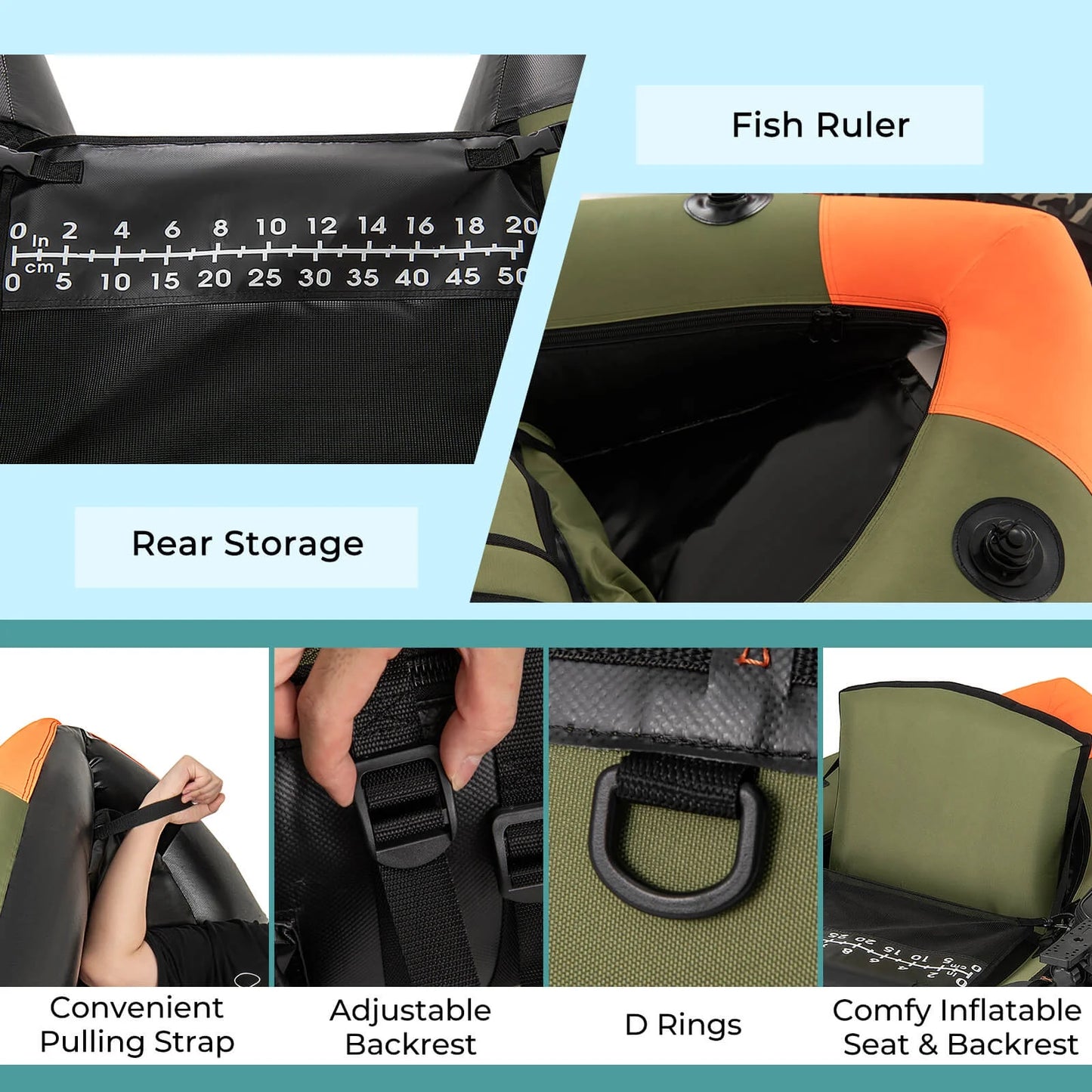 Inflatable Fishing Float Tube Portable Fishing Boat with 3 Detachable Storage Boxes Green