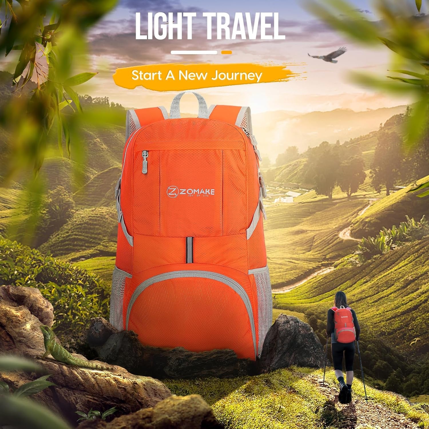  Lightweight Packable Backpack, Water-Resistant Foldable Hiking Daypack, Compact for Travel & Camping, Orange 35L