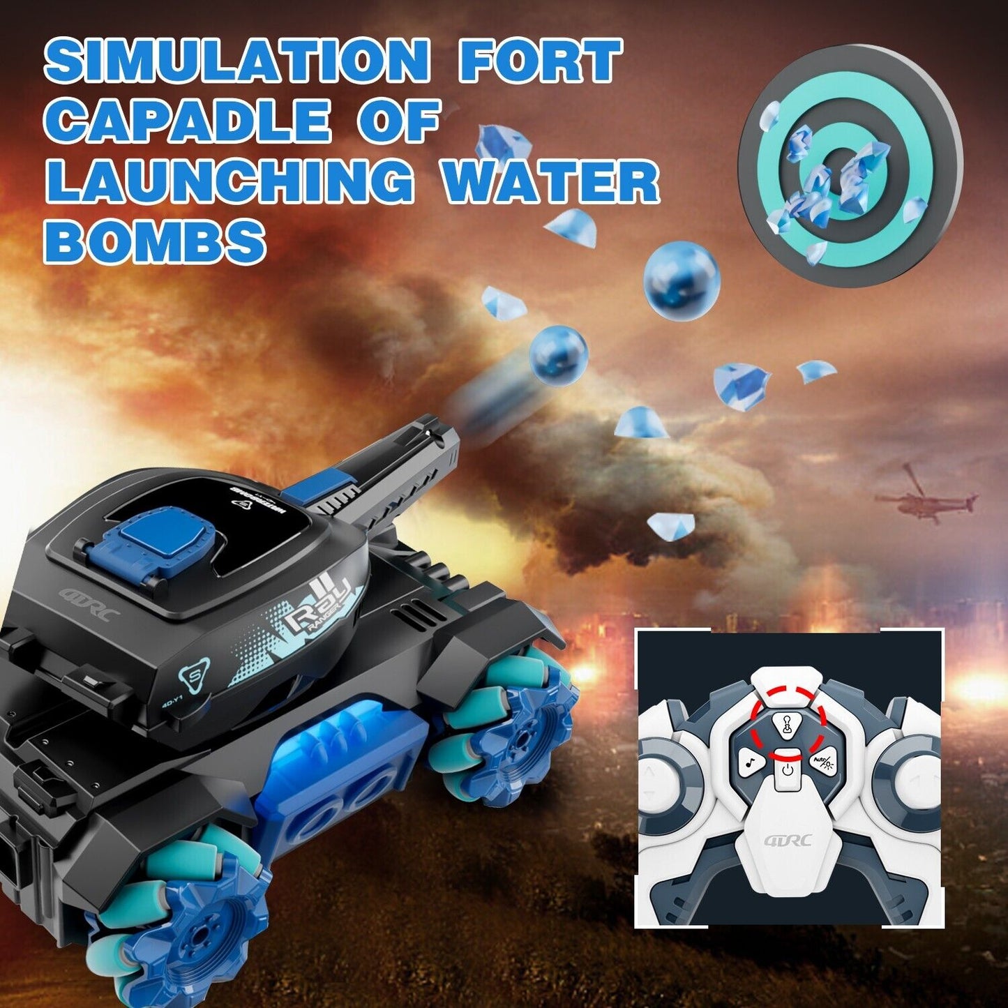 Sgt Motards RC Tank Toy – 2.4G Gesture Control Water Bomb Tank, 4WD Stunt Car with 360° Rotation, Lights & Music, for Kids 6+