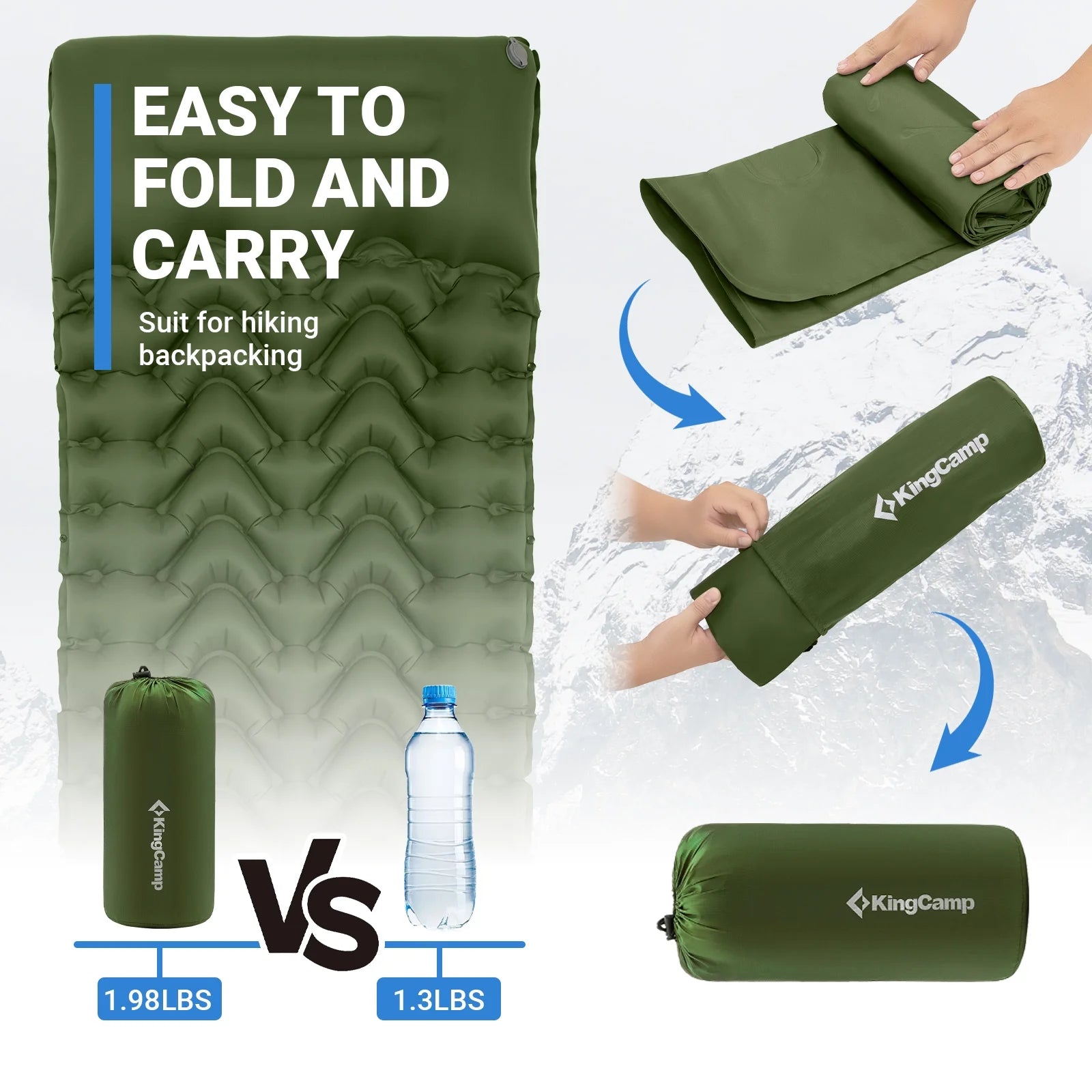 KingCamp Sleeping Pad for Camping, 40"x76" Self-Inflating Mattress with Built-In Foot Pump, Connectable, Durable with Pillow, Olive – Fits Tents & Hiking