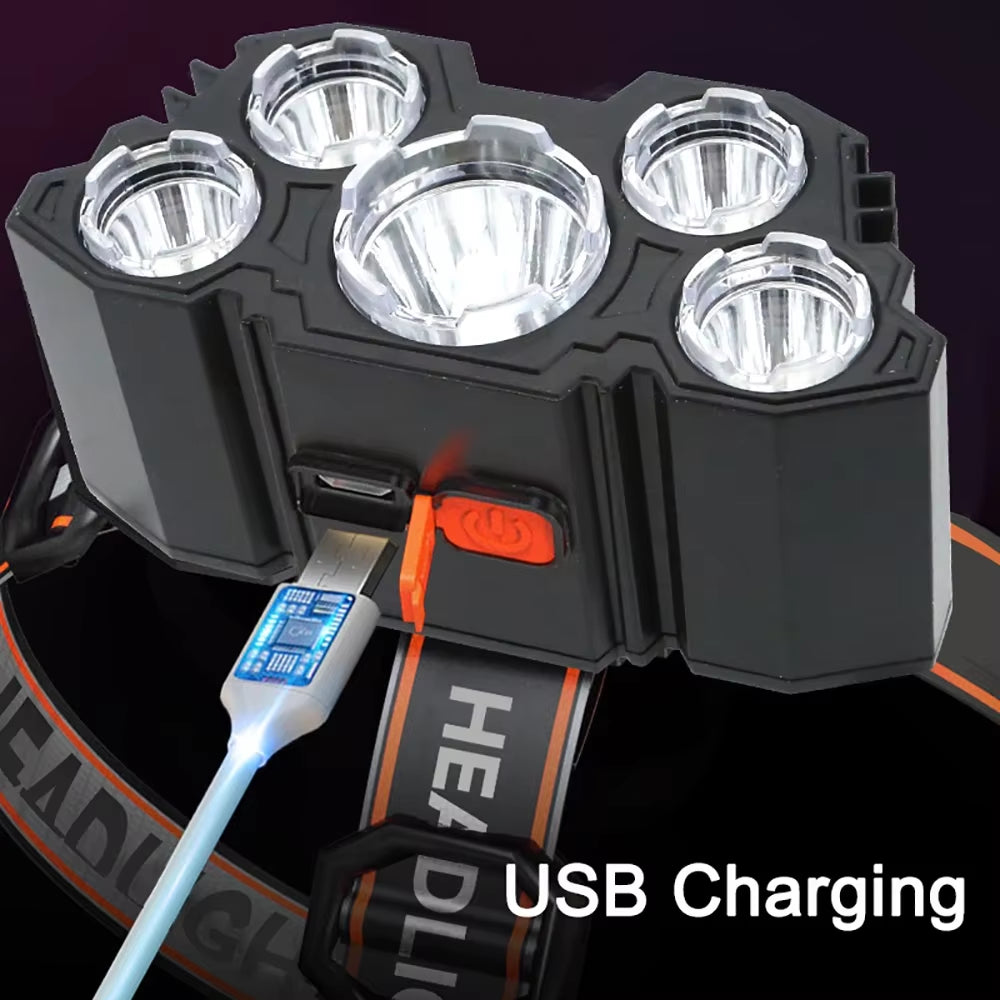 Rechargeable 5-LED Headlamp with Built-In Battery - Ultra-Bright Flashlight for Camping, Fishing, and Outdoor Adventures