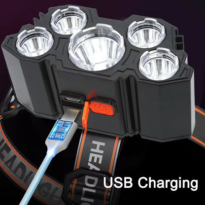 Rechargeable 5-LED Headlamp with Built-In Battery - Ultra-Bright Flashlight for Camping, Fishing, and Outdoor Adventures